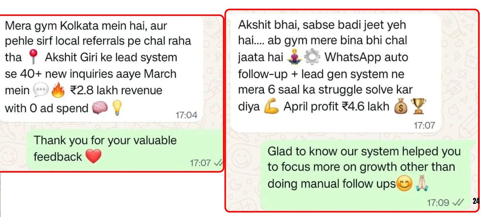 WhatsApp testimonial — gym owner result