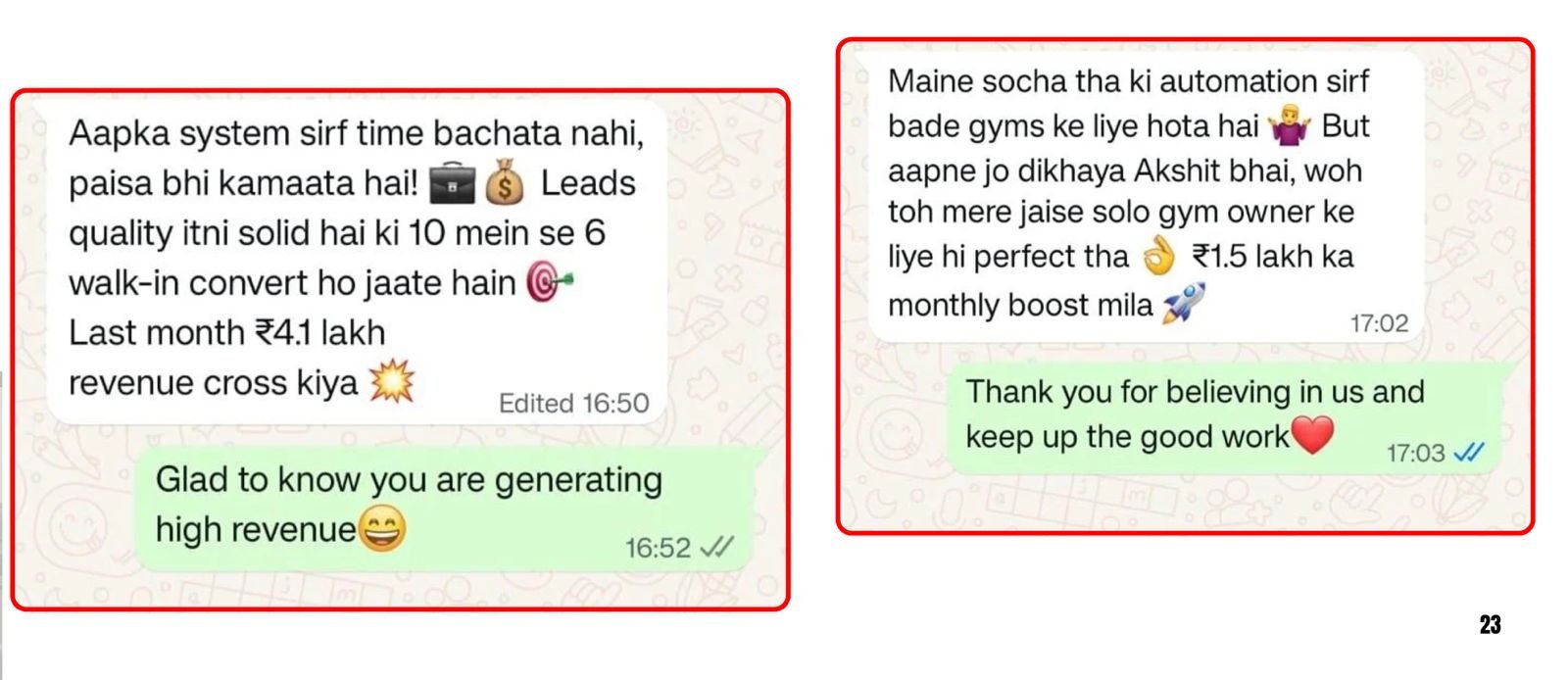 WhatsApp testimonial — gym growth